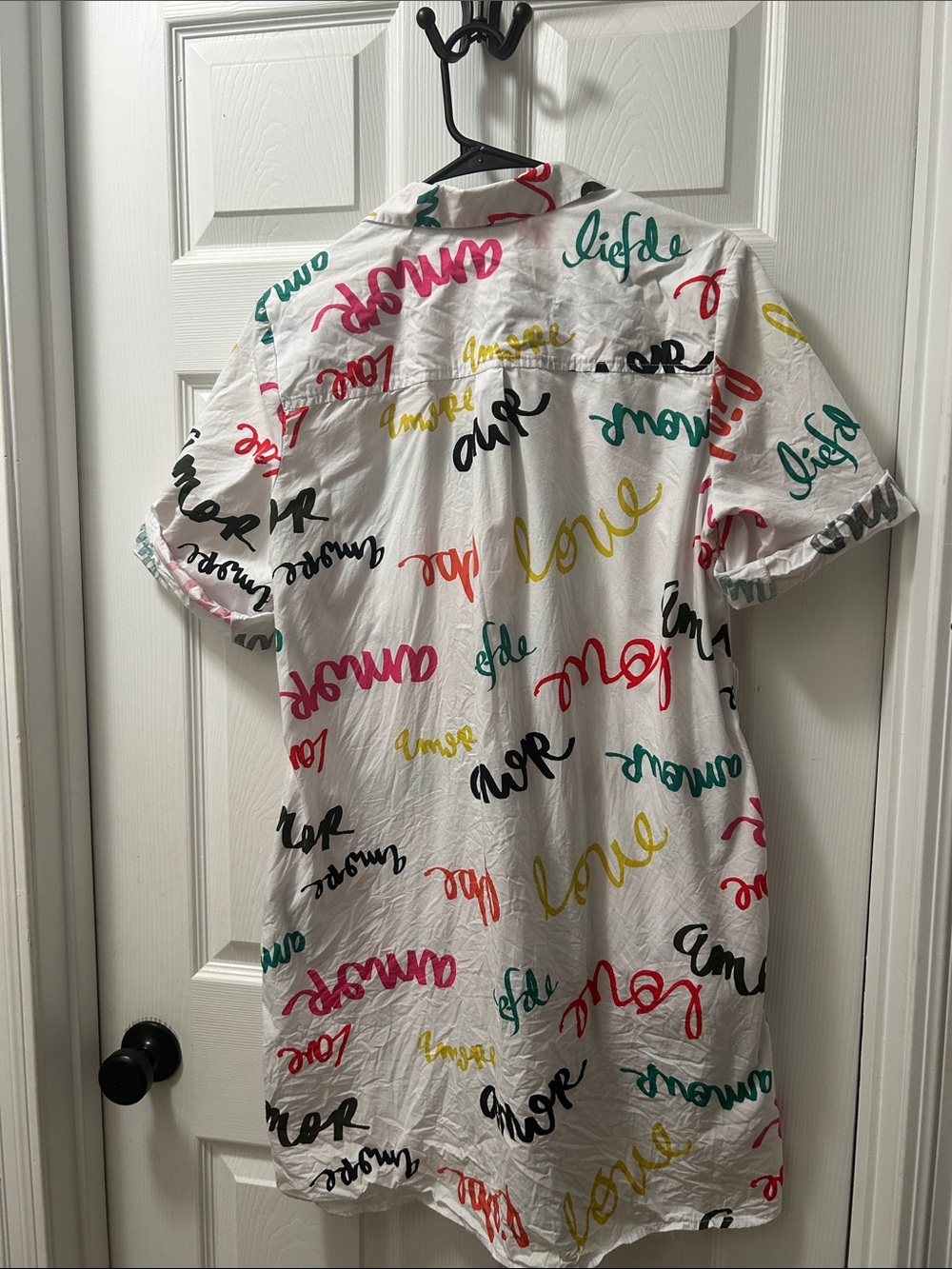 White colorful Script Print 100% Cotton shirt dress - Size L - Picture 2 of 4